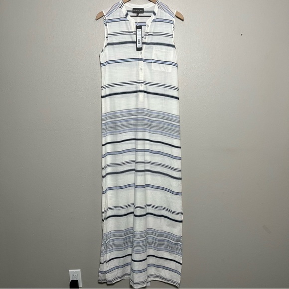 NEW Michael‎ Stars Women Dress Small White Stripe Maxi Henley Popover Coastal - Picture 1 of 12